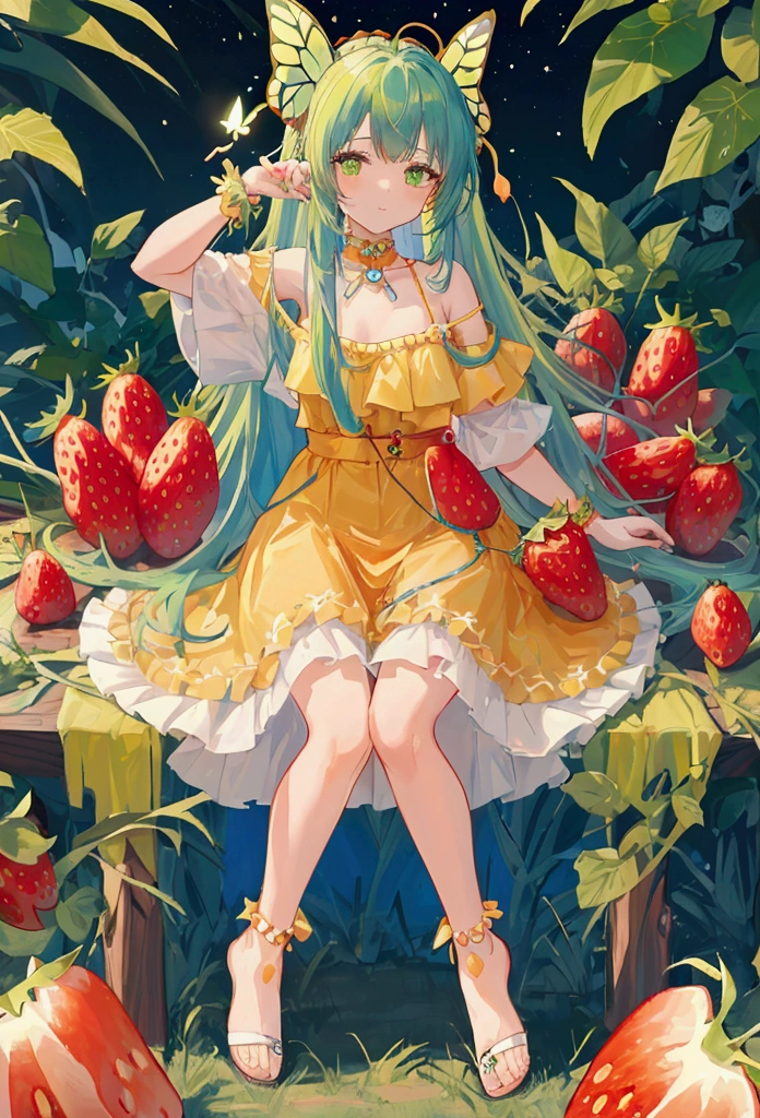 (Masterpiece,Highest quality),(Maximum details),1 girl, long hair, green hair,Strawberries on the head,Red horns,Wear a tube top(Yellow,orange,light blue),Blue waist chain(Butterfly image),Wear a green mini skirt(Gradient)ใส่รองเท้าส้นสูงสีlight blue,มีปีกผีเสื้อสีlight blue,ดวงตาสีlight blue,Cute face,Holding a strawberry,Look at the strawberries,Strawberry garden background,full body image
