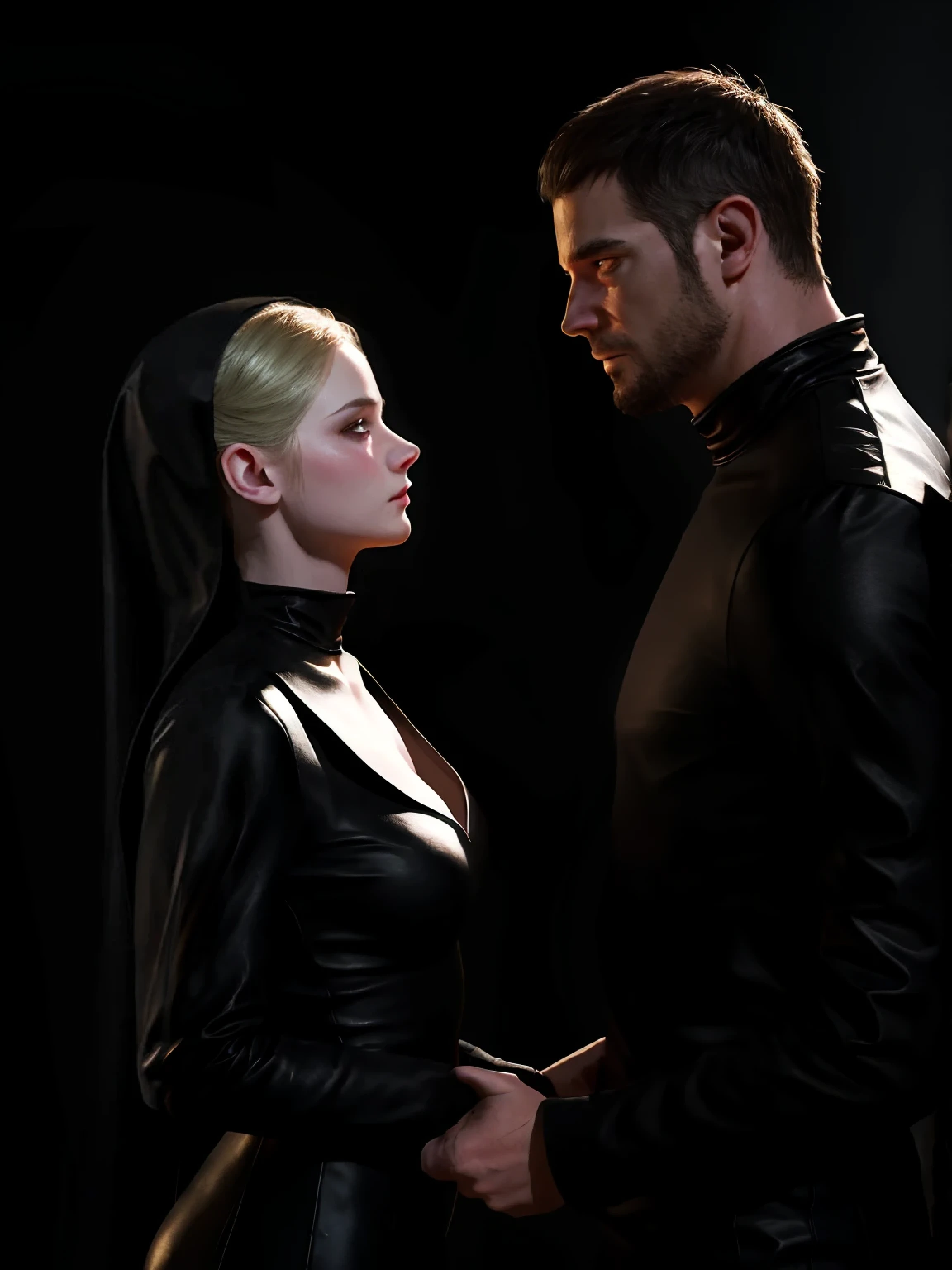 there is a man and a woman dressed in black standing together, inspired by Carlo Mense, neo - noir style, neo noir style, romance novel cover, digital matt painting, black leather robes! intricate, couple portrait, darius zawadzki and tom bagshaw, divine render, glossy digital painting, couples portrait, neo noir, hard light digital painting