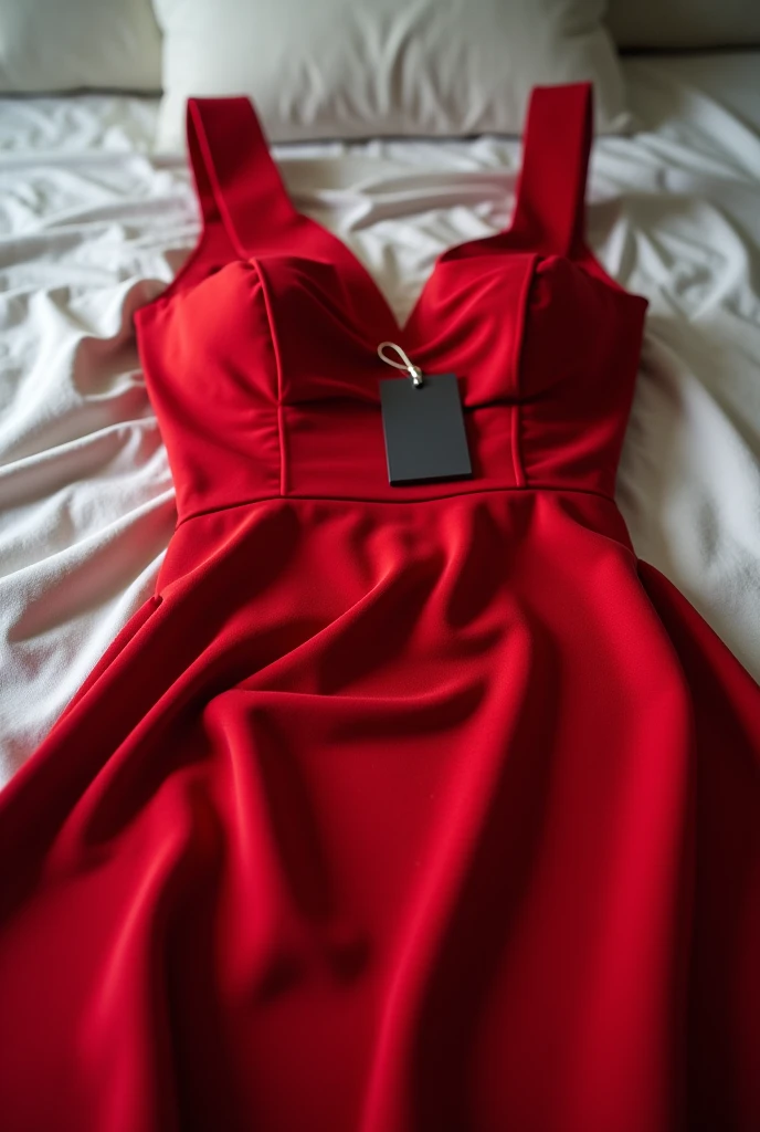 Make a picture for me, This image is a photo that appears to be taken by a normal camera and out of focus., be a simple image, that no part of the image is blurred and it is a photo taken from a bed and on top of that bed there is a red Fendi dress, very beautiful and beautiful with tag never been used. Remember to keep the image in focus without blurring any part of the image, it has to be 100% sharp as if it had been taken without any effect on the camera. Remember to label it as if it had never been used., dress brand; Fendi.