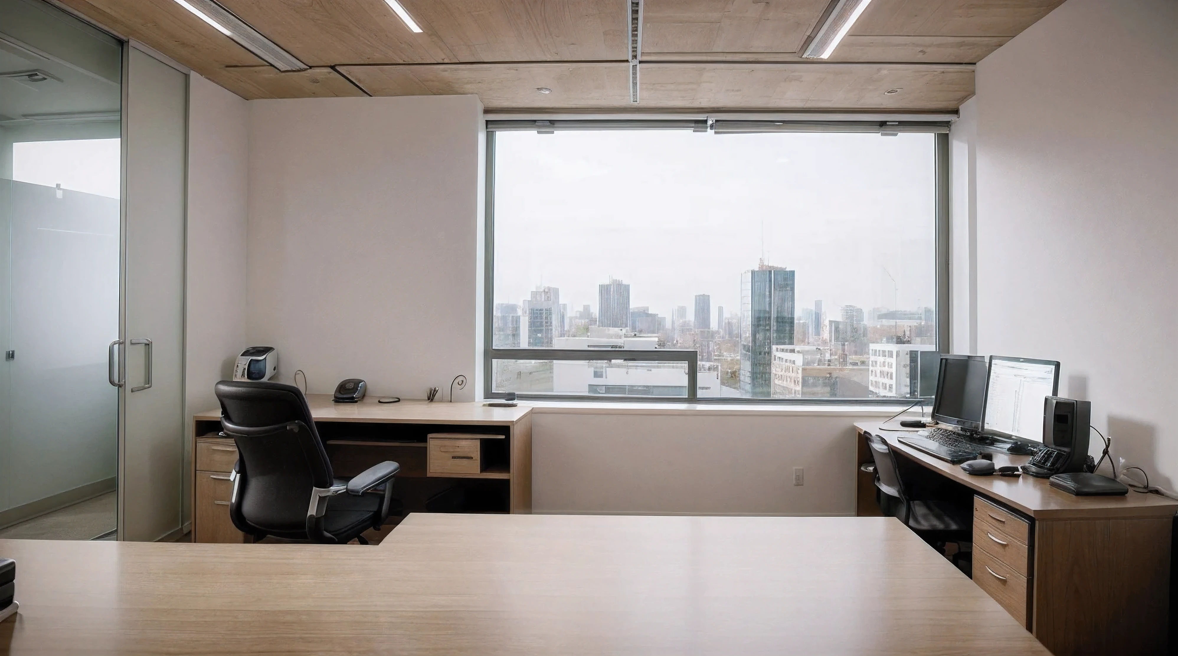 Modern and minimalist office, A large, elegant table is the highlight of the room.. The table is made of high quality wood, Smooth surface and perfect finish. She is strategically positioned at the front of the room., opened, Bright space. On the table, The most advanced desktop computer, With a high-resolution screen and powerful tower. The keyboard and mouse are perfectly matched, Ready to use. Right side of the computer, There is a coffee mug and a notepad., Indicates that someone has worked there recently. The office chair is placed in front of the desk, With your back to the observer. It is an ergonomic chair, Adjustable backrest and black upholstery, Provides comfort even during long hours of work. Empty chair displayed in third person view, Inspire your audience to sit down and get to work. Deep inside the office, There is a wall of tall windows that let in natural light.. Behind the window, You can see the cityscape of the city, Providing inspiring and relaxing views. The walls are painted in neutral colors, Like white or light grey, Accentuate the beauty of your desk and computer. The office doesn&#39;t have a kitchen., The focus is entirely on the desk and workspace. Typically, The office conveys a sense of tranquility and productivity. A minimalist and uncluttered space, Designed for maximum efficiency and focus. Previous table, Using your computer in the background, For those looking for a calm and stimulating workplace、Create a professional and welcoming atmosphere。. No one is concentrating at the table using a computer, Industrial style、A large room with several computers in the background