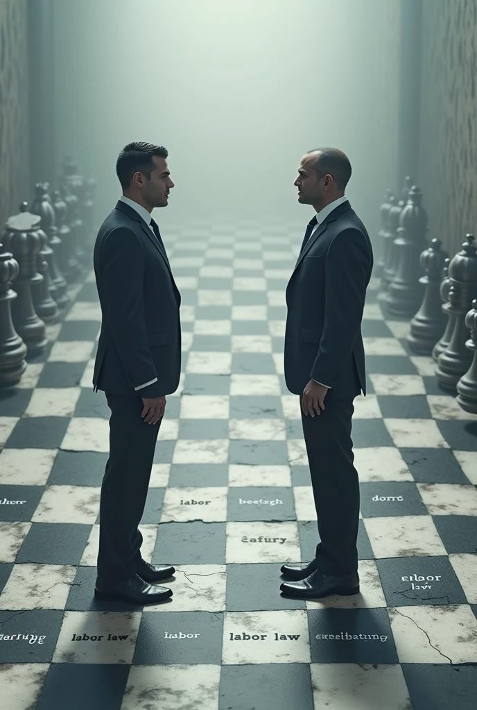 Of two people in suits playing human chess, Inside the checkerboard squares it must be written “Labor Law” “Labor Assistance”$ 160,00