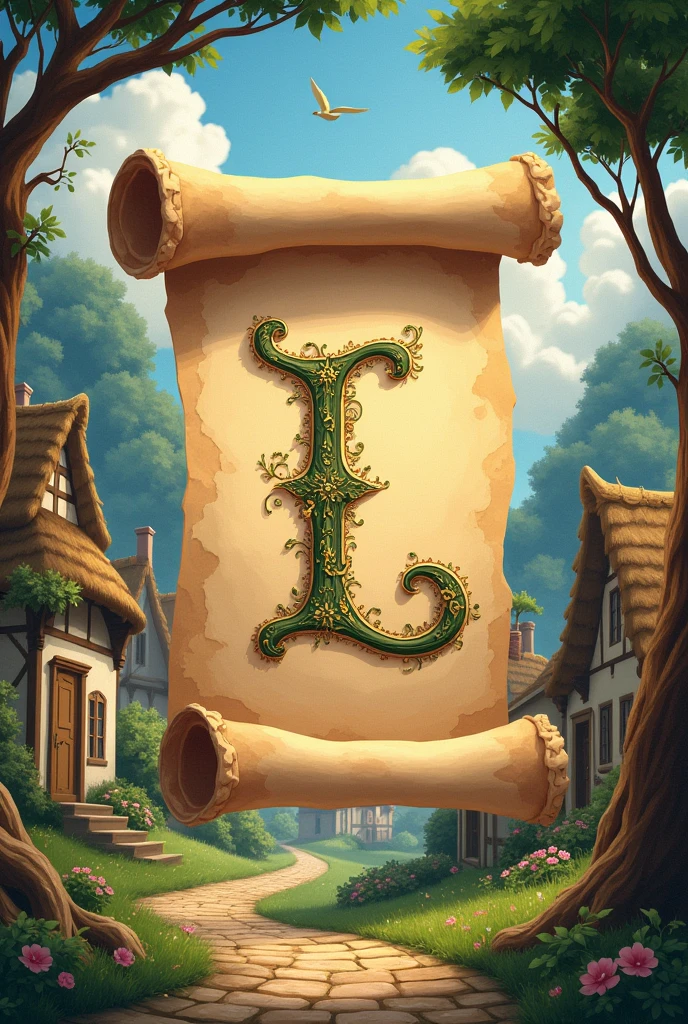 An image about the first animated letter about the story with a village with a scroll 