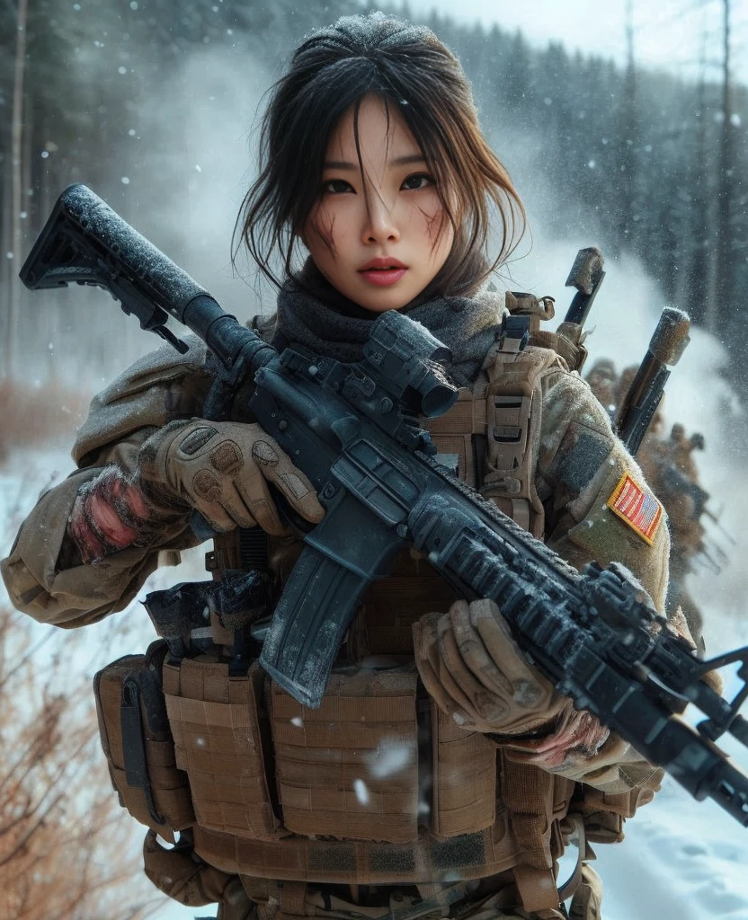 8K, realistic photo, realistic skin texture, Beautiful Japanese women in the US military、In the winter forest、explosion、Close call、
、They are shouting to evacuate immediately.、Automatic rifle、Bulletproof vest、Back Back、boots、Covered in scars、Grim expression、Dynamic pose、Innovative composition、Dust is flying、fiction、My breath is white from the cold、The sun shines through the trees