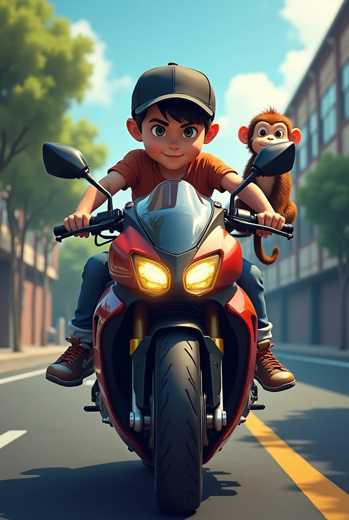 A boy sitting on bullet bike and monkey around him a boy wearing cap black road and around him school