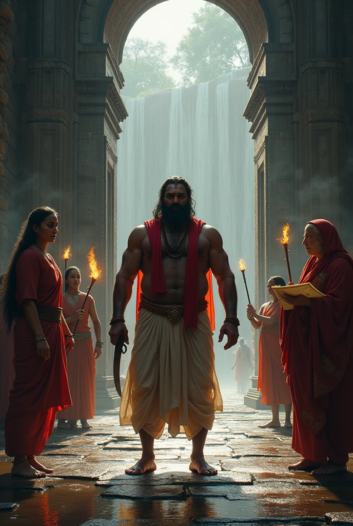 Create a hyper-realistic and cinematic digital poster featuring a central warrior-like character in a powerful stance, standing in front of an ancient, waterlogged temple gate. The central figure should be muscular with a thick beard, wearing a sleeveless traditional Indian outfit with a red vest and white dhoti. Surrounding him are other characters: one on the left wielding a sword with long hair tied back, and on the right, an elder figure in a deep red robe, holding a staff. In the background, include female figures engaged in ancient scholarly activities, one holding a manuscript. The scene should be dramatic with flowing water cascading through the temple, torches illuminating the dark stone architecture, and a sense of ancient mystery and power. The overall atmosphere should be epic, with intricate details, rich colors, and a dynamic composition.