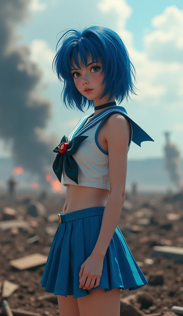 (masterpiece), (Highest quality), Photorealistic, Raw photo, Realistic, Cinematic Light, Mizuno Ami, Sailor Mercury, stand, Battlefield Background, Perfect body, Blue Hair, uniform  