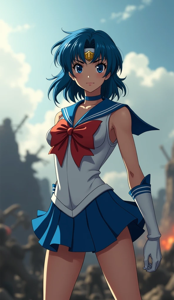 (masterpiece), (Highest quality), Photorealistic, Raw photo, Realistic, Cinematic Light, Mizuno Ami, Sailor Mercury, stand, Battlefield Background, Perfect body, Blue Hair, uniform