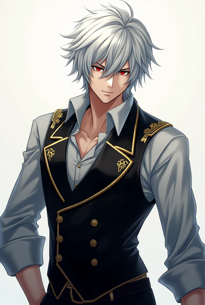 White-haired man in the style of Meliodas from the anime Nanatsu no Taizai with red eyes wearing a gray dress shirt and a black vest with gold details and black pants