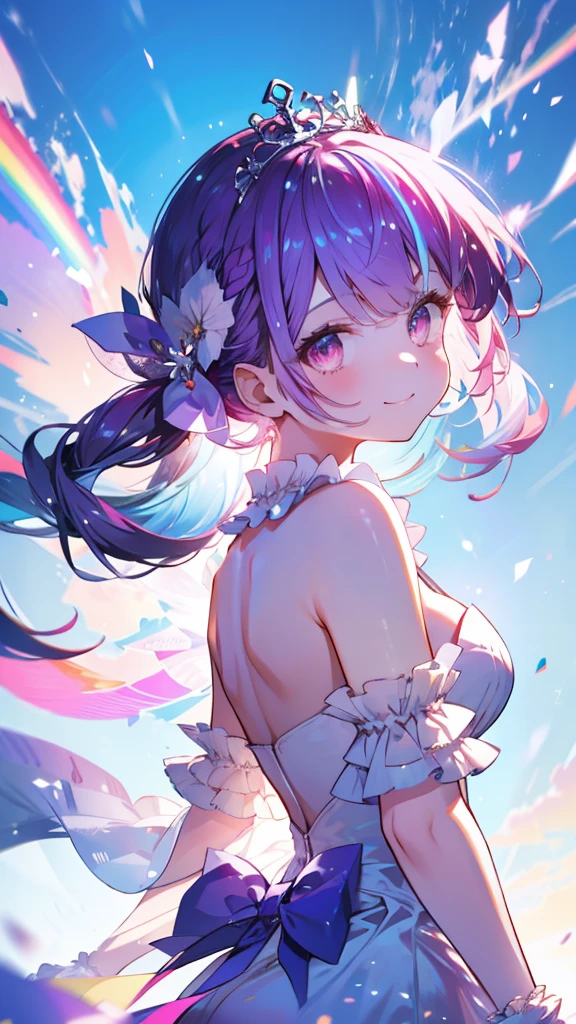 (Highest quality:1.2), (Very detailed:1.2),(masterpiece:1.2),(8k:1.2),(Blessed,Captivating body、Very beautiful eyes、Very detailed肌、Very detailed顔,Detailed Background), ffaqua, twintails, drill hair, tiara, white dress, white gloves,(summer background,Blue Sky background,rainbow:1.3),(The best smile:1.2)、farewell、graduation, (portrait ,looking back:1.2)