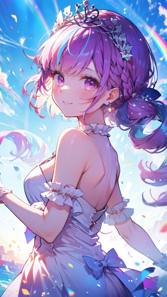 (Highest quality:1.2), (Very detailed:1.2),(masterpiece:1.2),(8k:1.2),(Blessed,Captivating body、Very beautiful eyes、Very detailed肌、Very detailed顔,Detailed Background), ffaqua, twintails, drill hair, tiara, white dress, white gloves,(summer background,Blue Sky background,rainbow:1.3),(The best smile:1.2)、farewell、graduation, (portrait ,looking back:1.2)