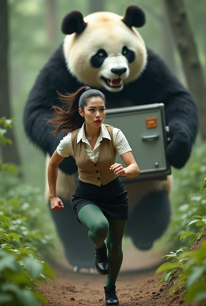 ((Highest quality)), ((Pigeon-headed woman)), (Pigeon Man), (Angry Giant Panda), (Giant panda holding a refrigerator in both hands), Giant panda holding a refrigerator in both handsが後ろから追いかけてくる, グレーのPigeon-headed womanが全力で走って巨大パンダから逃げている, グレーのPigeon-headed womanがオフホワイトで襟付きの半そでシャツに薄茶色のベストを着てひざ丈の黒いスカートに濃い緑の靴下と黒の靴を履いている, 筋肉質なグレーのPigeon-headed woman, The background is a grassy forest, Photorealistic images,