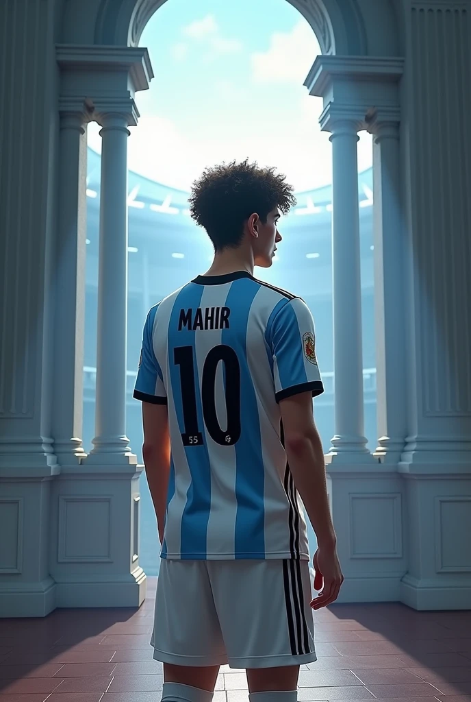 A 20-year-old boy in argentina football jersey looking back and jersey number 10 name mahir and dressed white boy standing in the gallery inside the stadium his ohit 59 kg