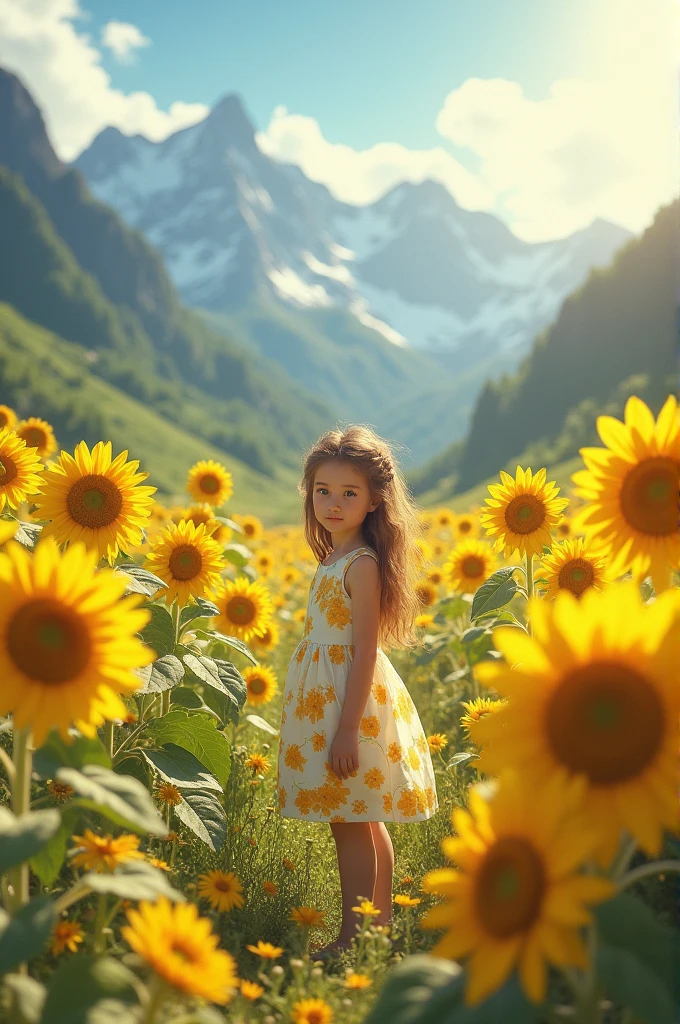 A girl with white and yellow dress with bunch of sunflower and warm sunny day with beautiful mountain and flower valley 