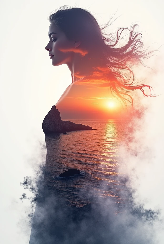 high quality, 8K Ultra HD, A beautiful double exposure that combines an goddess silhouette with sunset coast, sunset coast should serve as the underlying backdrop, with its details incorporated into the goddess , crisp lines, The background is monochrome, sharp focus, double exposure, by yukisakura, awesome full color,