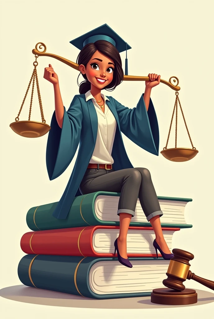 A big girl wearing her full of graduation gown and sitting on large 2 books Takes up the half of the design area, next to her are the big scales of justice and the hammer, a large two-dimensional drawing.cartoon drawing more details