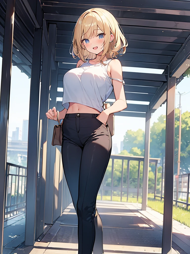 (Masterpiece, Top quality:1.5), full body, (1 beautiful girl, solo:1.2), (short height:1.2), (Cotton Tapered Pants:1.3), Blonde hair:1.1, medium Hair, wavy Hair, asymmetry bangs, swept bangs, airy hair, large breasts:1.2, smile:1.3, blush, beautiful scene of station platform, magnificent panorama view, blurry background, open mouth, dynamic pose, dynamic angle