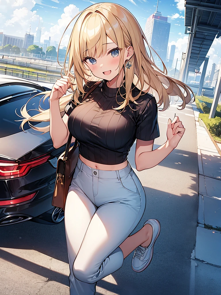 (Masterpiece, Top quality:1.5), full body, (1 beautiful girl, solo:1.2), (short height:1.2), (Cotton Tapered Pants:1.3), Blonde hair:1.1, medium Hair, wavy Hair, asymmetry bangs, swept bangs, airy hair, large breasts:1.2, smile:1.3, blush, beautiful scene of station platform, magnificent panorama view, blurry background, open mouth, dynamic pose, dynamic angle