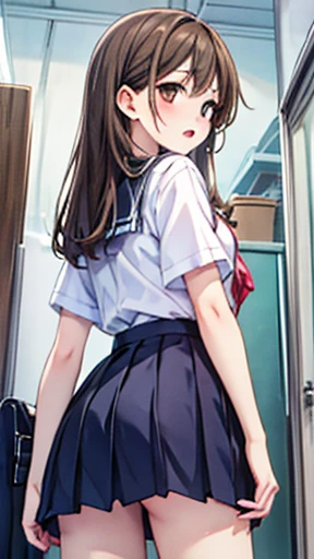 (masterpiece, Highest quality, Absil Dress, Game CG, figure), One girl, alone, mayu kuroe, Beautiful attention to detail, Are standing, School corridor, White school shirt, Pleated mini skirt, (Lace panties:0.8), Looking back at the audience, surprised, Shocked