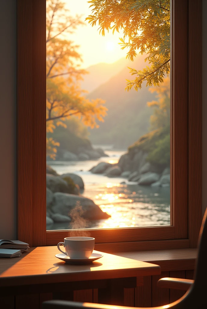 See through window and a cup of tea on the table, the view should be a stream reflects sun