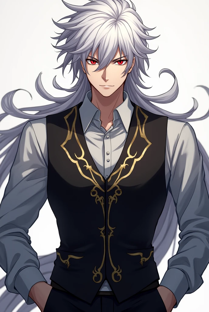 White-haired man in the style of Meliodas from the anime Nanatsu no Taizai with red eyes wearing a gray dress shirt and a black vest with gold details and black pants