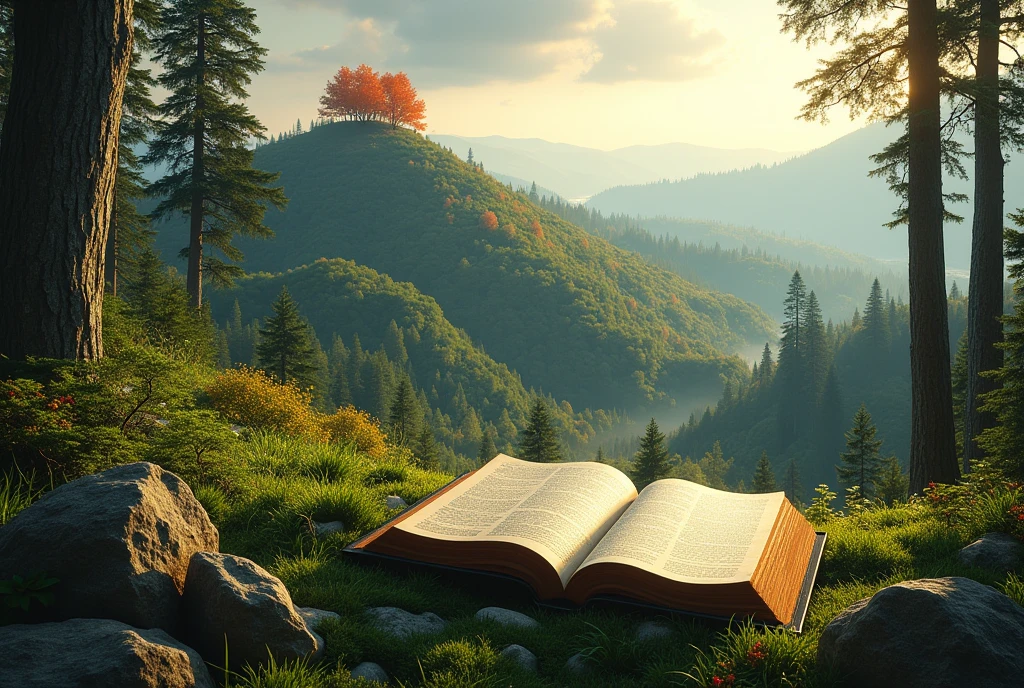 Hill covered with glory, tall trees and fire. an open Bible