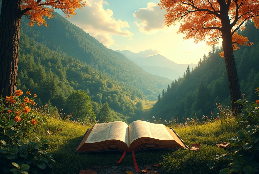 Hill covered with glory, tall trees and fire. an open Bible