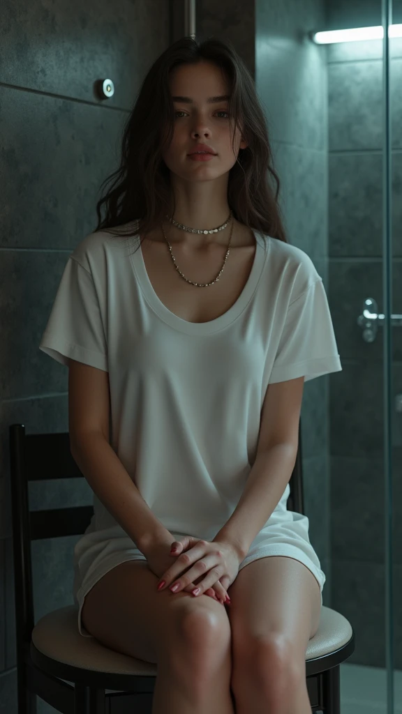 (masterpiece, photorealistic:1.4, extremely intricate:1.3, radiosity, photon mapping, dtx, 8K), ((((closeup necklace, white t-shirt, humid, [medium breasts:large breasts:0.8])), humid, [skin detail:freckles:0.7], natural, 19 year teenage supermodel), dark room, ((stone shower, glass shower, clean)))cyberpunk girl seductive pose leds ass light and shadow, ultra-realistic, 16K. 3D style, , Octane render, ray tracing, depth of field, super detail  

sitting on a chair in a cyberpunk room in a very sexy futuristic outfit with outstretched legs

