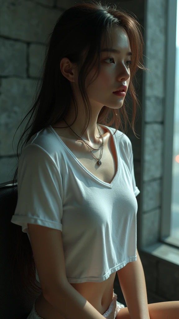 (masterpiece, photorealistic:1.4, extremely intricate:1.3, radiosity, photon mapping, dtx, 8K), ((((closeup necklace, white t-shirt, humid, [medium breasts:large breasts:0.8])), humid, [skin detail:freckles:0.7], natural, 19 year teenage supermodel), dark room, ((stone shower, glass shower, clean)))cyberpunk girl seductive pose leds ass light and shadow, ultra-realistic, 16K. 3D style, , Octane render, ray tracing, depth of field, super detail  

sitting on a chair in a cyberpunk room in a very sexy futuristic outfit with outstretched legs

