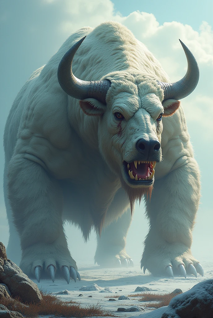 A big giant bull + polar bear make it very agrasive and very much scary and  may have blood scars and big teeths and very muscular 