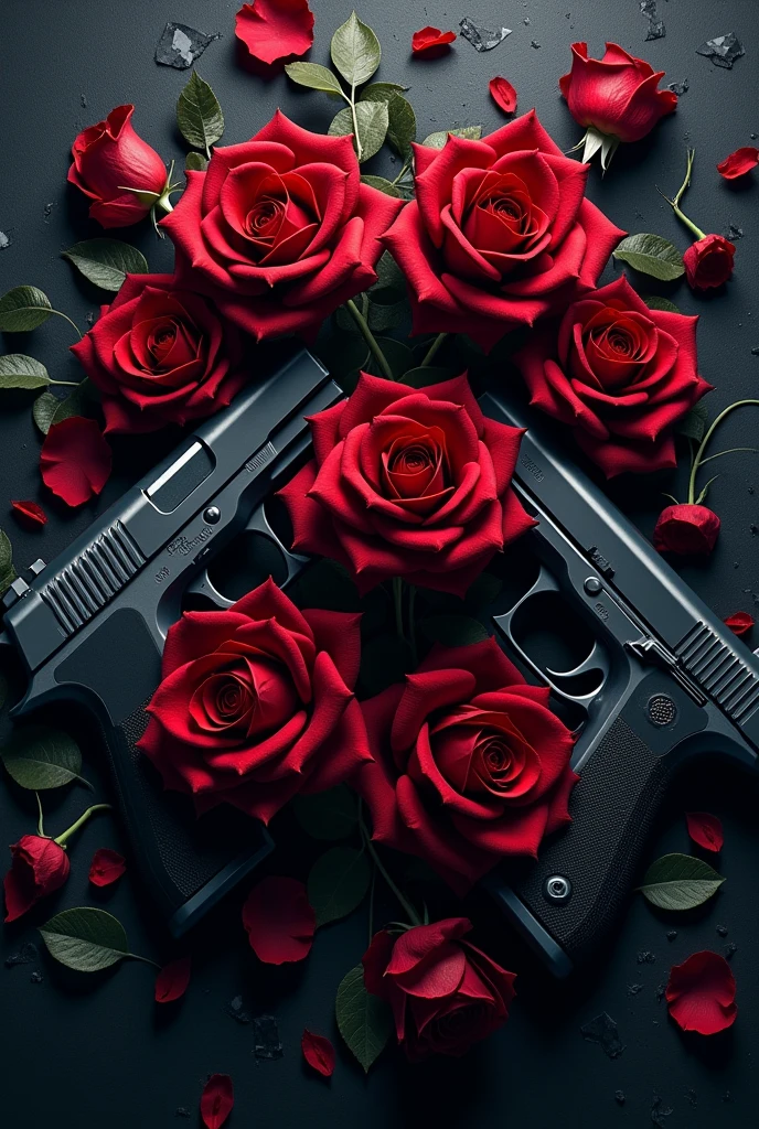 Create a cover with dark red roses and guns and the background is shattered