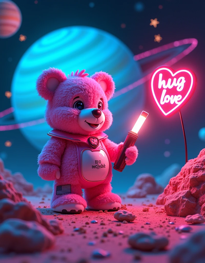 NFT Lo-Fi cool art in the style of beeple artist:: behind a space, (::candy jelly green bear ::) on the mars,on the left hand is american flag patch only one hand and another one hand holding a Mcdonalds red cup, and around is planted rose plant pot  :: photo included flash light symbolls on the space skies with a  stars and giant saturn planet close up and falling star on the background :: of 1 toy full body with fashion grunge style toy bear,  blue neon glow, pink fur, toy bear holding a flash light neon in the hand, hug ( neon glow my  LOVE neon glow word :: ) with two eyes in a style in mood and happy  smiling with teeth smile wearing a :: yellow:: red hair and a slash yellow glow on the bear, background with X and O game made of hearts, Glowing stars is flying in the air, neon glow heart inside of the heart is the word ::  REAL LOVE ::  word, 90's fashion font graffiti words:: hug LOVE::, hyper detailed 35 mm shot
