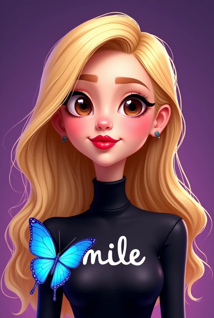 Cartoon style female character, eyes browns, blonde hair long, red lipgloss stick, black turtleneck blouse written "mile", purple background with a bright blue butterfly 