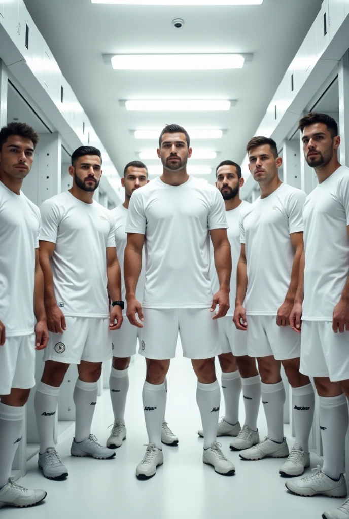 Create a team image of soccer and one side of the cameronoen locker room concentrated with white shirt 