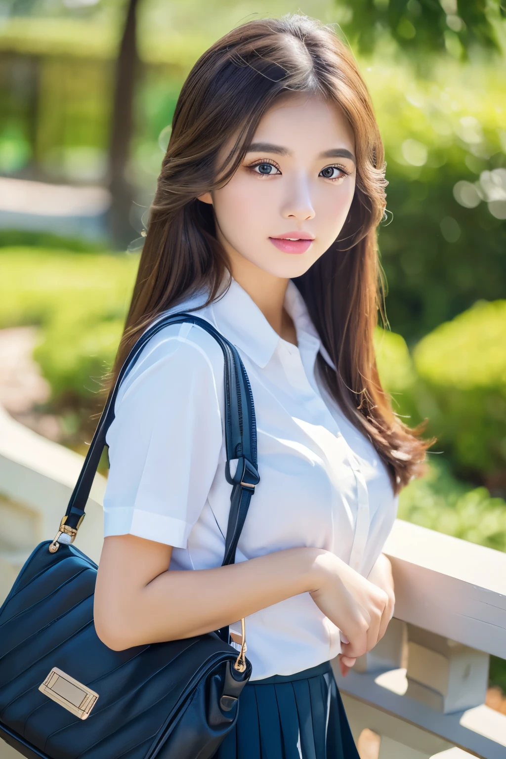 Thai girl student white shirt and black long Pleated skirt (best quality,4k,8k,highres,masterpiece:1.2), ultra-detailed, (realistic,photorealistic,photo-realistic:1.37), HDR, UHD, studio lighting, ultra-fine painting, sharp focus, physically-based rendering, extreme detail description, professional, vivid colors, bokeh, portraits, anime, beautiful detailed eyes, beautiful detailed lips, extremely detailed eyes and face, long eyelashes, landscape, white school bag, vibrant colors, natural lighting