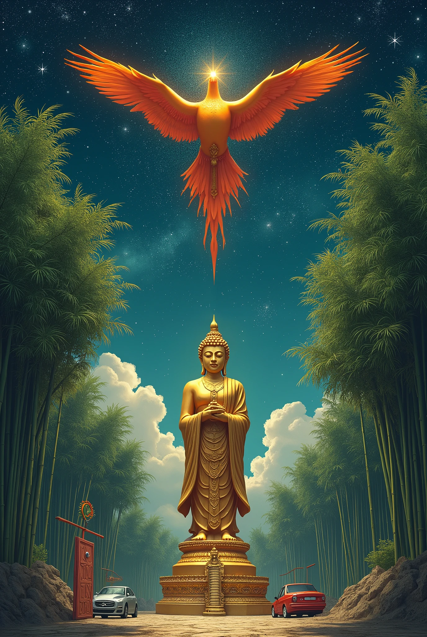 In a dream、Buddha statue、Starry Sky、Lock、phoenix、bamboo forest、car、A jumbled world