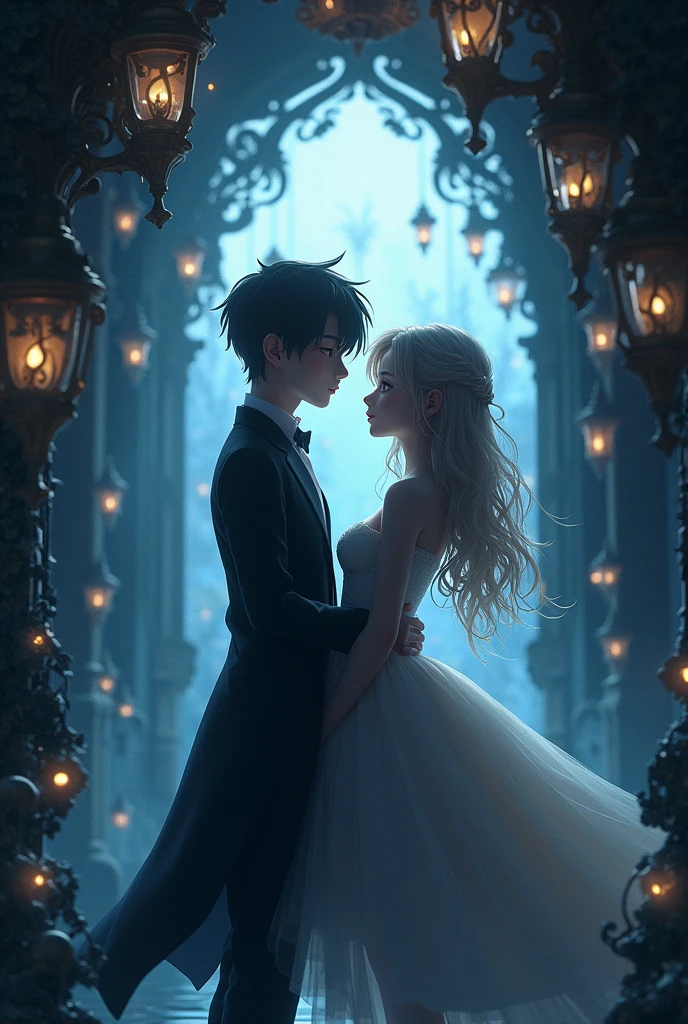 (Straight anime couple: 1.5, Real picture, Dark style, beautiful eyes, Small pieces, Fluffy black fur), (Gothicdark, Victorian, Gothic, Steampunk style), dark, ambiente oscuro con decoraciones de calaveras 32K, fairy tale: 1.4, Camera cut: 1.4, ((An atmosphere of dreams, Soft light and magic:1.3)), ((Scenes of imagination)),((perfect, thoroughly.:1.3)), ((full shot: 1.4)), ((best quality)) , ((Masterpiece)), 3d, (There are too many details..: 1.3), ((Grand landscape: 1.3)), ((พื้นหลังat night: 1.3 ))), (((at night:1.2))), (realistic: 1,4), ((front camera)),( (แสงภาพยนตร์at nightที่มีแสงน้อย: 1,2)). 32K.