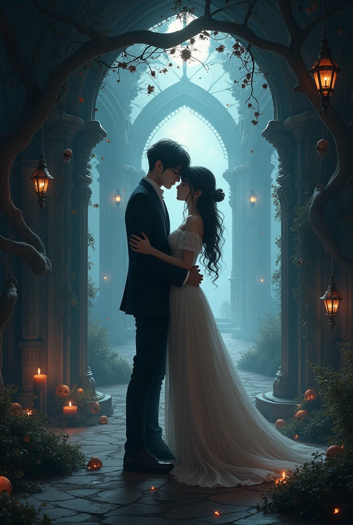 (Straight anime couple: 1.5, Real picture, Dark style, beautiful eyes, Small pieces, Fluffy black fur), (Gothicdark, Victorian, Gothic, Steampunk style), dark, ambiente oscuro con decoraciones de calaveras 32K, fairy tale: 1.4, Camera cut: 1.4, ((An atmosphere of dreams, Soft light and magic:1.3)), ((Scenes of imagination)),((perfect, thoroughly.:1.3)), ((full shot: 1.4)), ((best quality)) , ((Masterpiece)), 3d, (There are too many details..: 1.3), ((Grand landscape: 1.3)), ((พื้นหลังat night: 1.3 ))), (((at night:1.2))), (realistic: 1,4), ((front camera)),( (แสงภาพยนตร์at nightที่มีแสงน้อย: 1,2)). 32K.