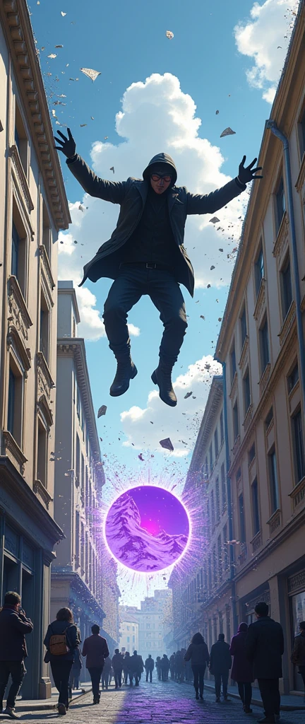 a man jumping through the window of a building, jumping from the third floor, he is falling into a dynamic position, shattered glass, broken glass falling, broken window, I see him from the street, pedestrians are scared, um portal de energia com bordas roxa, (portal opens in the sewer on the ground:1.7), round and purple interdimensional portal, he is wearing a black mask, he wears boots and a hooded coat, sunny afternoon with clouds, avenida na França, através do portal há neve e é um lugar frio, faísca, lensflare, desfoque de movimento, fagulhas, obra de arte, uhd,ultra detalhados, multiplos personagens, papeis voando, fluidez de movimentos, vidros quebrados em alto detalhamento, portal no chão, proporções perfeitas