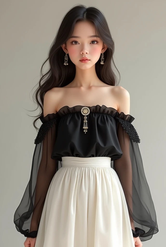 girl, wears filipino clothing, white skirt, BLACK see through top(off shoulder with pin in the middle), with black sleeveless top inside, not sexy, filipiñana, Off-shoulder
