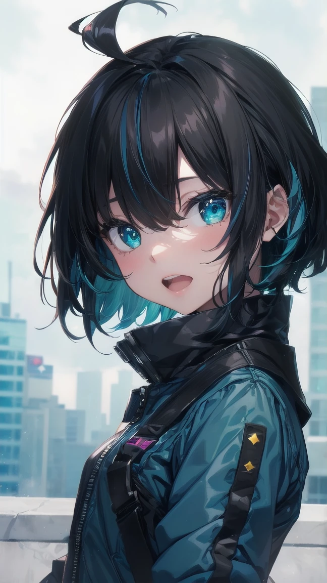 A close-up shot of a girl from a manga, with blue hair and a yellow shirt., 2D Animation, 2D Animation style, 2D Art, 2D Art, 2D from Gorillaz, 2D from Gorillaz, 2D Gorillaz, Screaming Cerket, 2D Sprite, Jinx Face, short hair, hot pants, Small breasts, ((Black Hair, Inner bright blue hair:1.4))