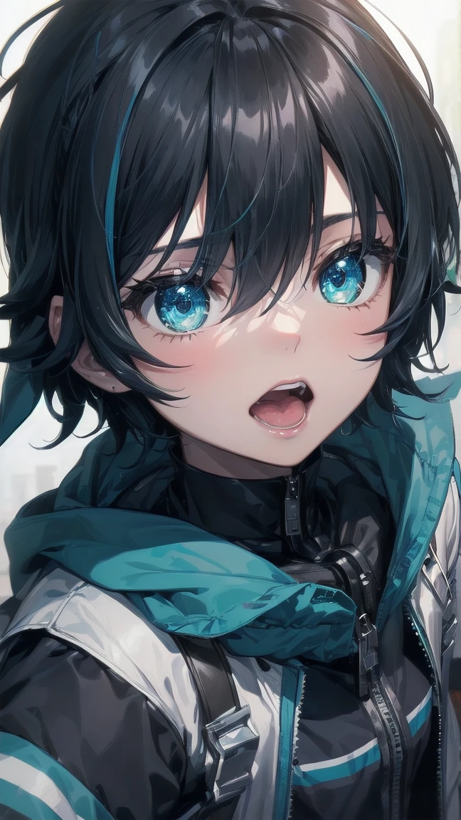 A close-up shot of a girl from a manga, with blue hair and a yellow shirt., 2D Animation, 2D Animation style, 2D Art, 2D Art, 2D from Gorillaz, 2D from Gorillaz, 2D Gorillaz, Screaming Cerket, 2D Sprite, Jinx Face, short hair, hot pants, Small breasts, ((Black Hair, Inner bright blue hair:1.4))