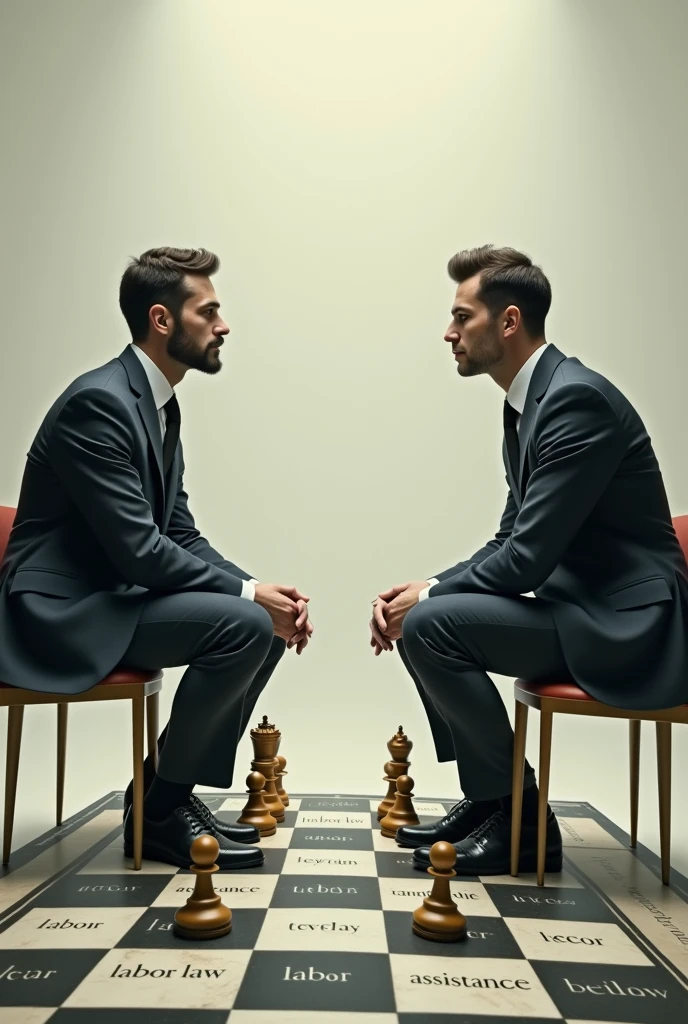 Of two people in suits playing chess, the chess pieces are humans, Inside the checkerboard squares it must be written “Labor Law” “Labor Assistance”$ 160,00
