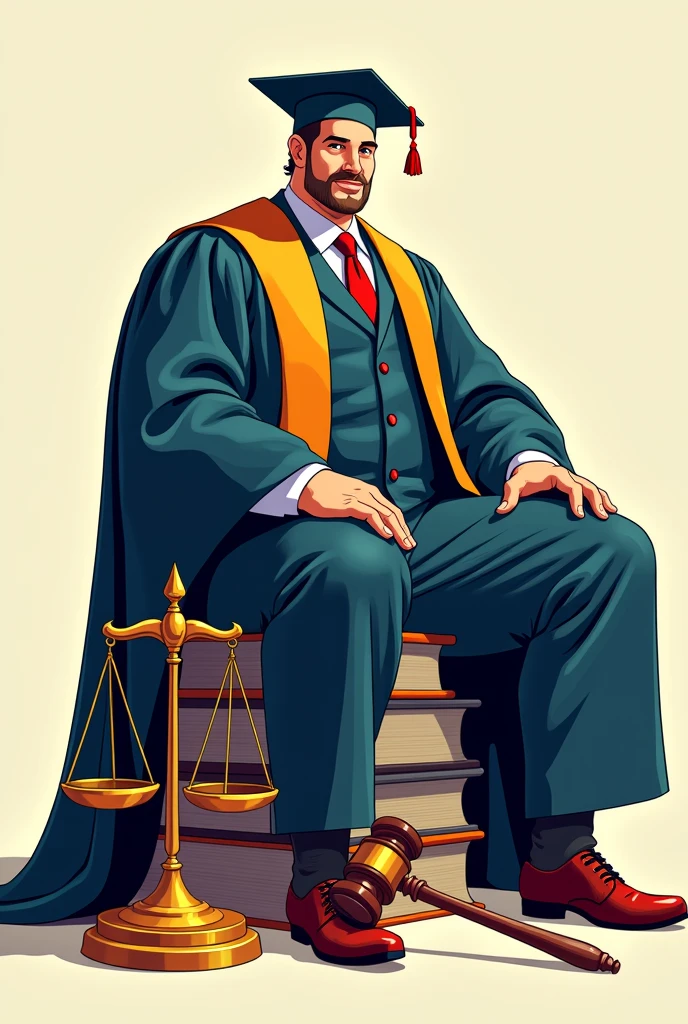 A big man wearing her full of graduation gown and sitting on large 2 books Takes up the half of the design area, next to her are the big scales of justice and the hammer, a large two-dimensional drawing.cartoon drawing more details