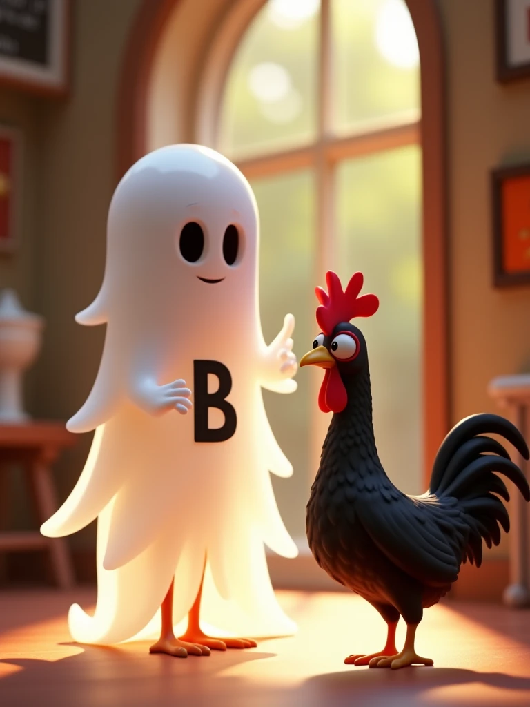 white ghost with the letter B on its chest calling a black chicken,Pixar style