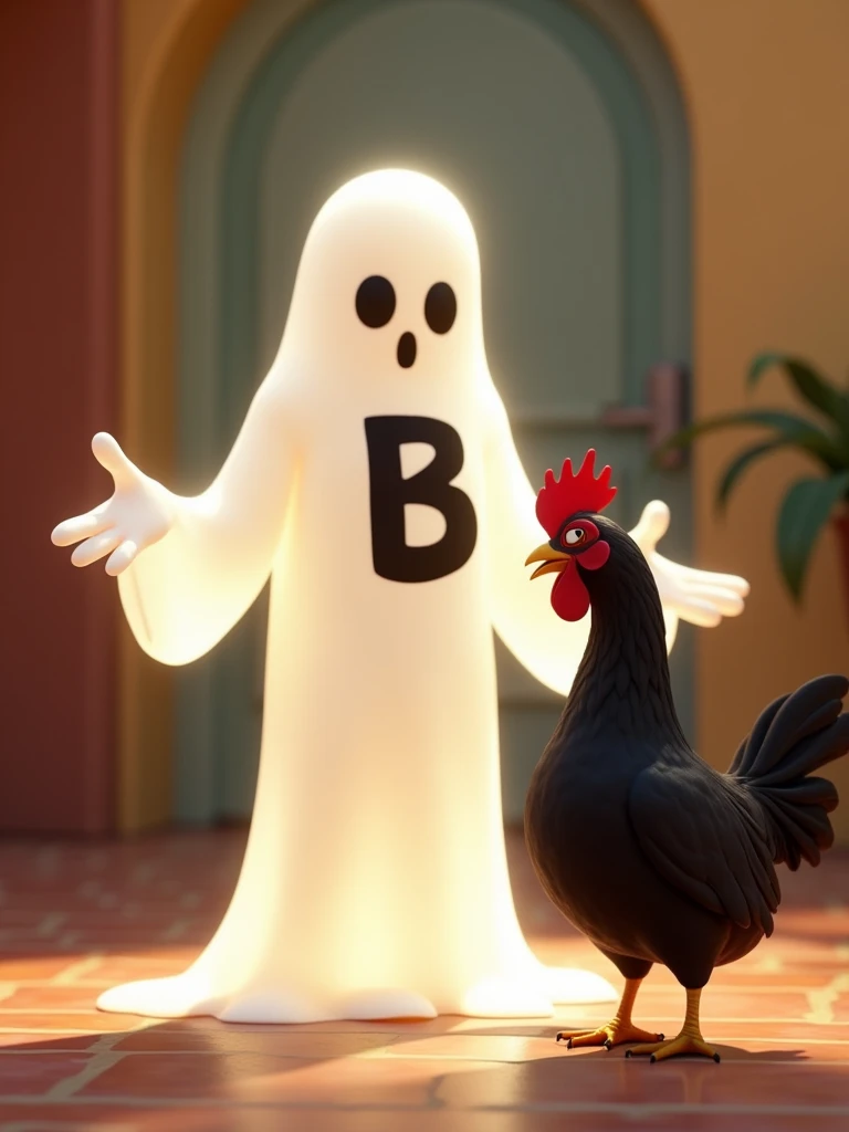 white ghost with the letter B on its chest calling a black chicken,Pixar style