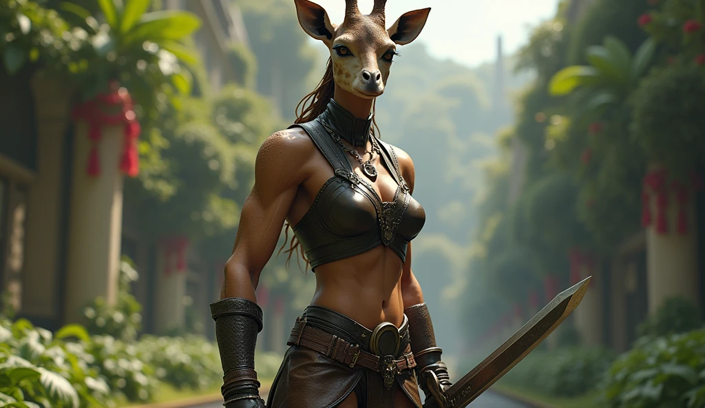 Giraffe woman in leather clothes poses in the yard with a sword, 3D rendering by Adrian Zingga, trending on artstation, Fantasy art, amazing shot of a giant goddess, muscular! Fantasy, muscular warrior women, muscular sweat lara croft, stuning Fantasy 3 d render, muscular ultraviolent woman, detailed and Fantasy, Japanese goddess, shiny moist skin!!