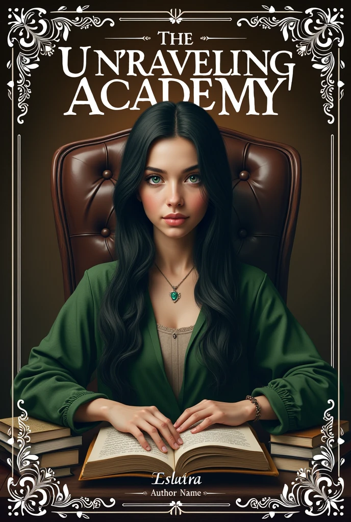 For the cover of “The Unraveling Academy,” I picture Elara, her piercing emerald eyes taking center stage. Her raven hair cascades in loose waves down her back, and she sports a small, studious smile that hints at her inner wisdom beyond her years. She sits in a comfortable reading chair, surrounded by open tomes and scattered notes, showing her immersion in her studies. The cover itself is a deep, rich brown, evoking the aged leather of the books she surrounds herself with. Intricate silver filigree lines the edges, subtly echoing the academic setting while also adding an air of mystery and sophistication. The background behind Elara fades into soft, gradient shadows, symbolizing the depths of knowledge she is about to discover. The title “The Unraveling Academy” is emblazoned in bold, modern typography across the top, a striking contrast to the classic design of the cover itself. The author’s name is prominently displayed at the bottom, completing the overall design. Elara’s presence on the cover embodies the story’s themes of curiosity, intelligence, and the search for truth, immediately drawing the reader in and making them want to discover the secrets that lie within the book’s pages.