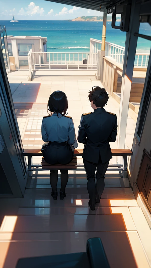 High resolution, Anatomically correct, Two men and women, uniform, Station with sea view, Sit on a bench, Rear view,