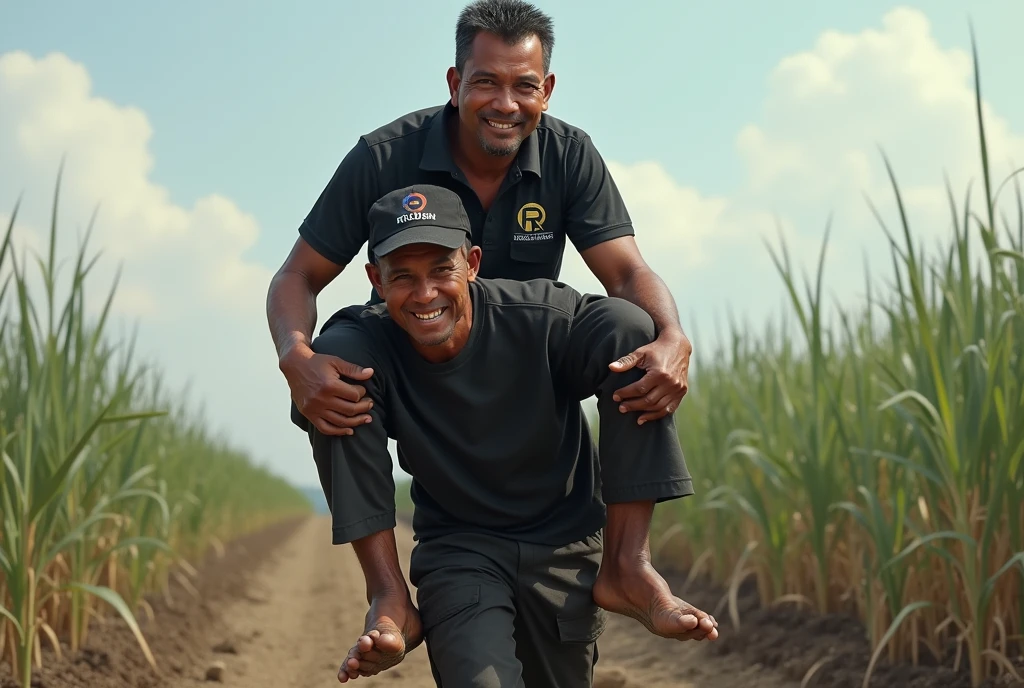 A foreman from Indonesia in his 40s with a stocky body, wearing a black shirt with the RADEN logo and wearing black cargo pants, He was sitting on the hip of his lean porter in the field, a coolie carries the foreman sitting on his shoulders steadily, he became the support of his foreman when he sat down