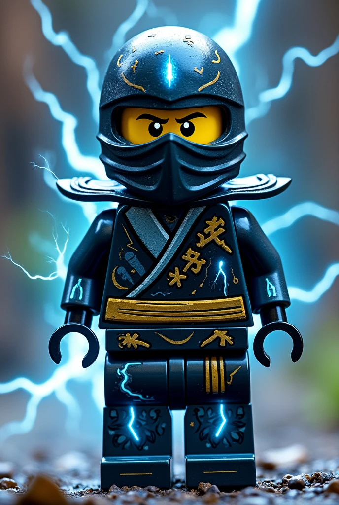 Créer moi un lego ninja go un grand maitre du spijisu ultime golden futuriste de la dernière puissance dimensionaire ninja avec un masque de couleur noir, bleu anthracite sur la tête et un bandeau jaune brillant autour de la bouche avec une peau jaune et autour des yeux des marques de foudre et cristal et un regard terrible de noirceur avec des yeux en lumiere clair brillant avec une puissance incroyable avec comme puissance élémentaire l’électrique, l’énergie, la terre, le feu, la glace. Les habits du ninja doit être en noir anthracite, bleu nocturne et gris suprême et fer anthracite avec des reure en forme d’électricité bleu clair et jaune brillant et des écritures japonaises et un parchemin antique sacré le plus puissant de l’univers en or suprême ultime. Un ninja imbattable monstrueux beaucoup trop puissant qui contrôle tous les pouvoirs élémentaires et du grand maitre dragon ultime. Le ninjadoit être destructeur et soif de victoire un méchant vilain
